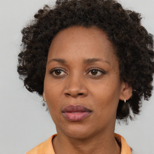 Neutral black adult female with short  brown hair and brown eyes