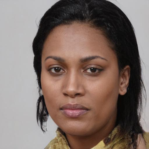 Neutral asian young-adult female with medium  black hair and brown eyes