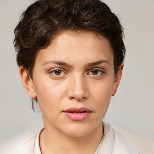 Neutral white young-adult female with short  brown hair and brown eyes