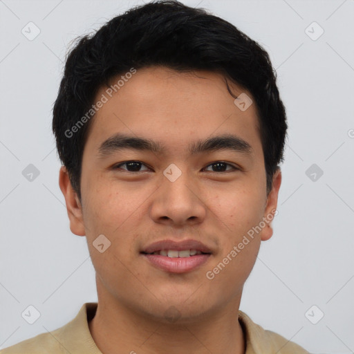 Joyful asian young-adult male with short  brown hair and brown eyes