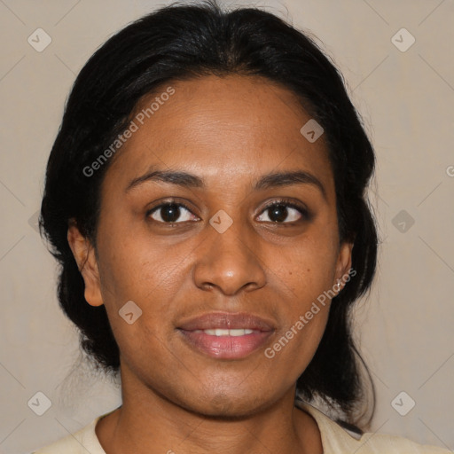 Joyful asian young-adult female with medium  black hair and brown eyes