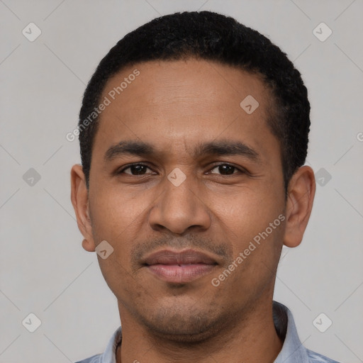 Neutral latino young-adult male with short  black hair and brown eyes