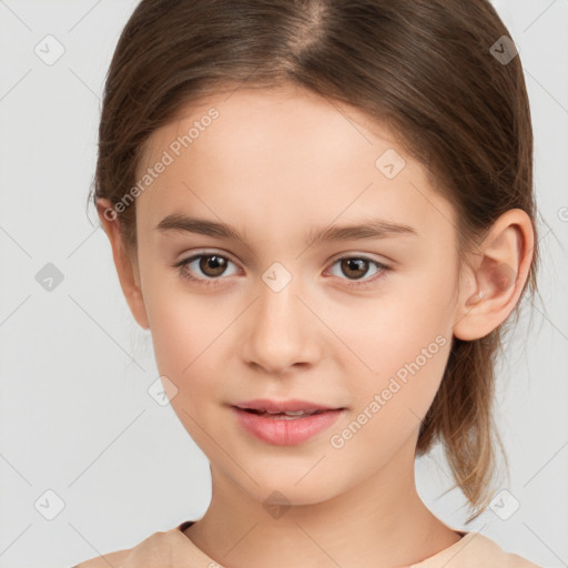 Joyful white child female with medium  brown hair and brown eyes