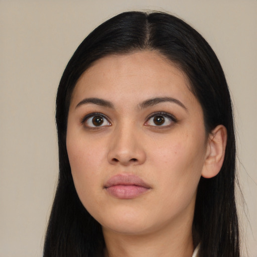 Neutral asian young-adult female with long  black hair and brown eyes