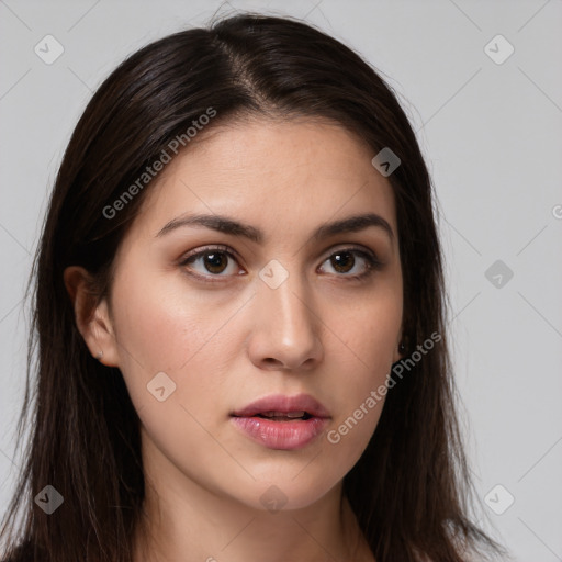 Neutral white young-adult female with long  brown hair and brown eyes