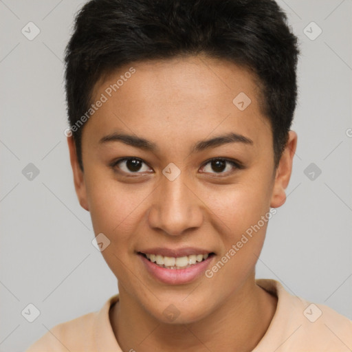 Joyful latino young-adult female with short  brown hair and brown eyes