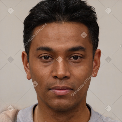 Neutral asian young-adult male with short  black hair and brown eyes