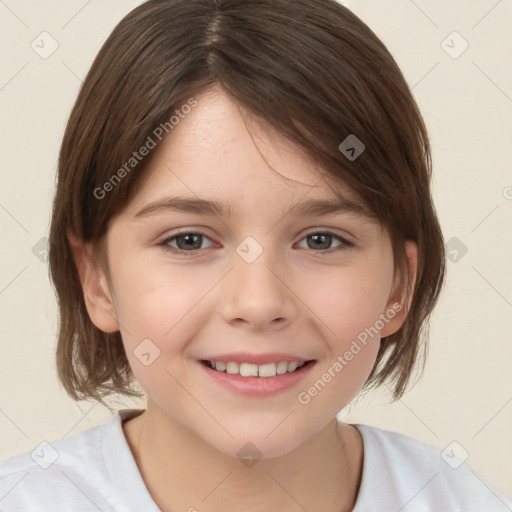 Joyful white child female with medium  brown hair and brown eyes