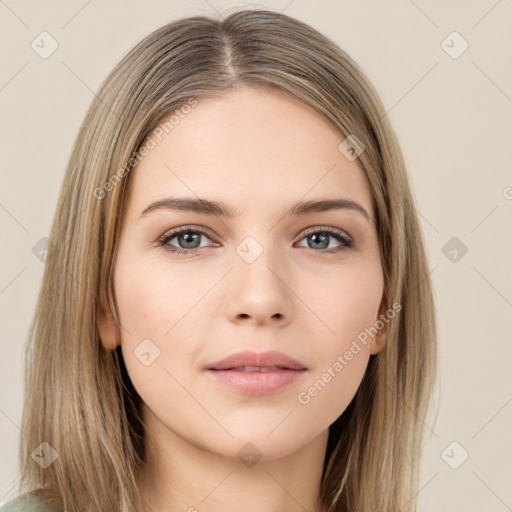 Neutral white young-adult female with long  brown hair and brown eyes