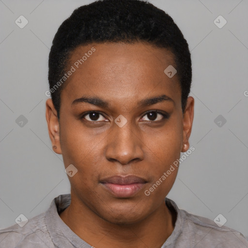 Neutral black young-adult female with short  black hair and brown eyes