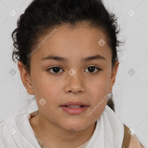 Joyful white child female with short  brown hair and brown eyes