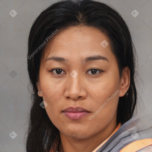 Joyful asian adult female with medium  brown hair and brown eyes