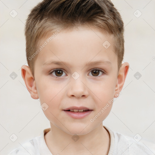 Joyful white child male with short  brown hair and brown eyes