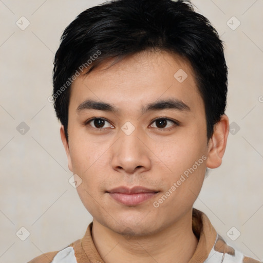 Neutral asian young-adult male with short  black hair and brown eyes