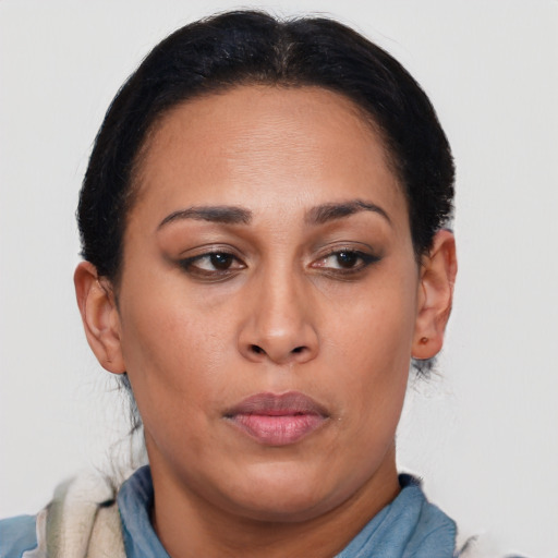 Neutral asian young-adult female with short  brown hair and brown eyes