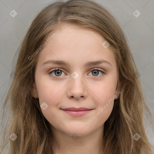 Joyful white young-adult female with long  brown hair and green eyes