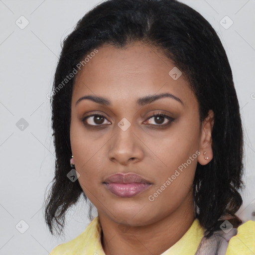 Neutral latino young-adult female with medium  brown hair and brown eyes