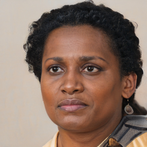 Neutral black adult female with short  black hair and brown eyes