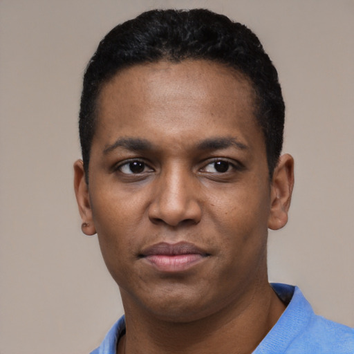 Neutral black young-adult male with short  black hair and brown eyes