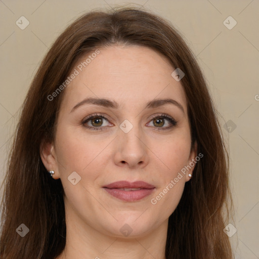 Joyful white young-adult female with long  brown hair and grey eyes