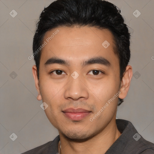 Joyful latino young-adult male with short  black hair and brown eyes