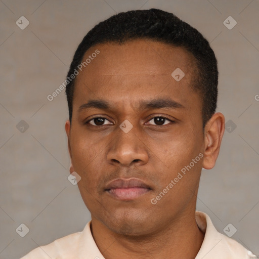 Neutral latino young-adult male with short  black hair and brown eyes