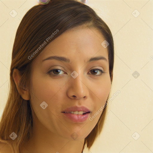 Neutral white young-adult female with long  brown hair and brown eyes