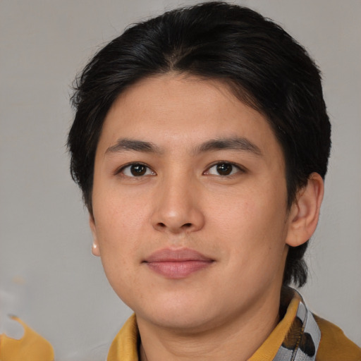 Neutral asian young-adult male with short  brown hair and brown eyes