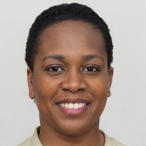Joyful black young-adult female with short  brown hair and brown eyes