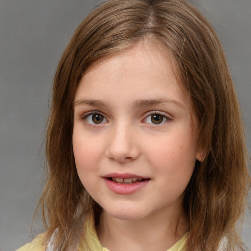 Joyful white child female with medium  brown hair and brown eyes