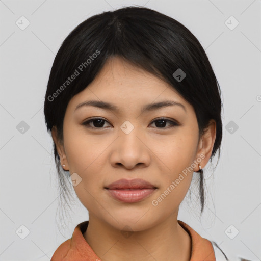 Joyful asian young-adult female with medium  black hair and brown eyes