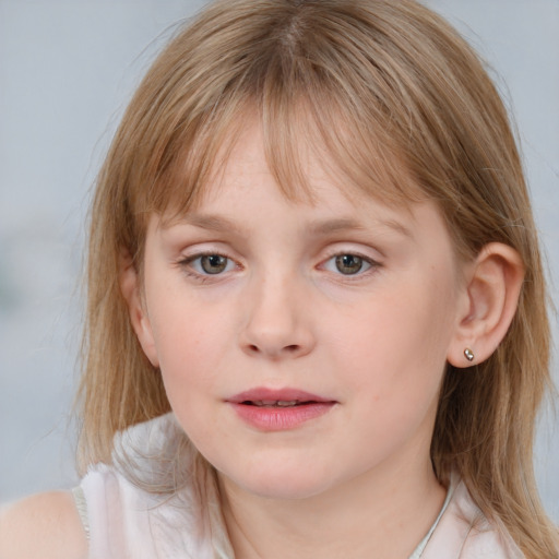 Neutral white child female with medium  brown hair and blue eyes