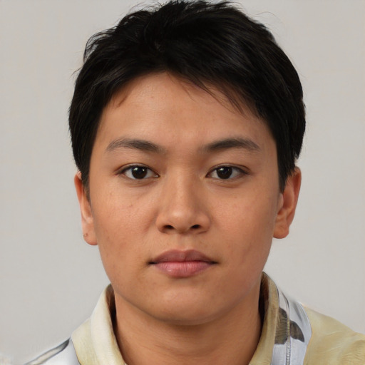 Neutral white young-adult female with short  brown hair and brown eyes