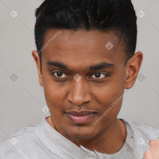 Joyful black young-adult male with short  black hair and brown eyes