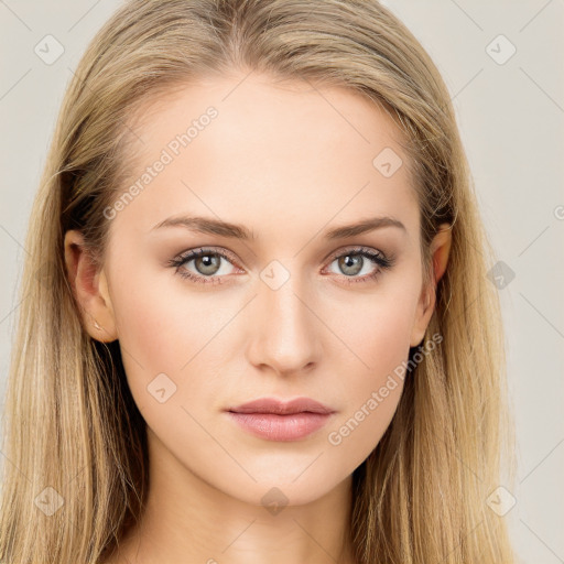 Neutral white young-adult female with long  brown hair and brown eyes