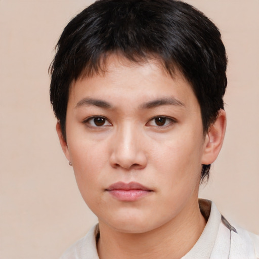 Neutral asian young-adult female with short  brown hair and brown eyes