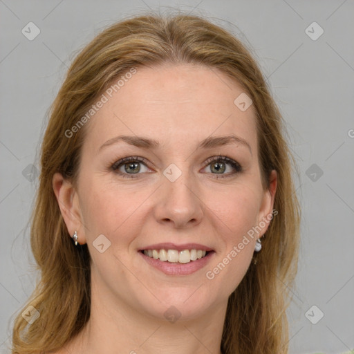 Joyful white young-adult female with medium  brown hair and green eyes