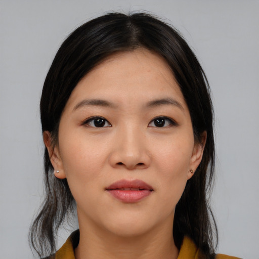 Neutral asian young-adult female with medium  black hair and brown eyes