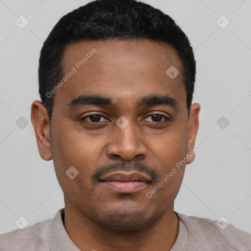 Neutral black young-adult male with short  black hair and brown eyes