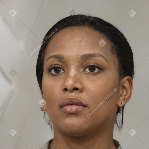 Neutral black young-adult female with medium  black hair and brown eyes