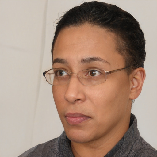 Neutral white adult female with short  black hair and brown eyes