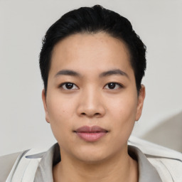 Neutral asian young-adult female with short  black hair and brown eyes