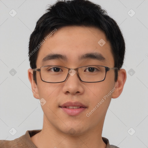 Neutral asian young-adult male with short  brown hair and brown eyes