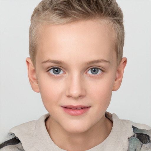 Joyful white child female with short  brown hair and grey eyes