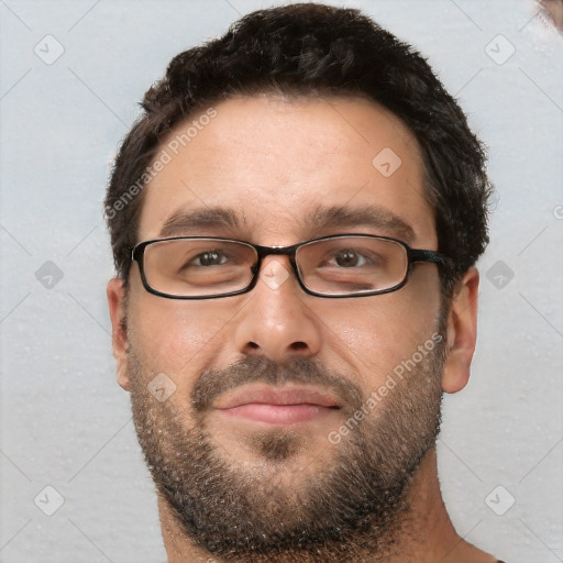 Neutral white young-adult male with short  brown hair and brown eyes