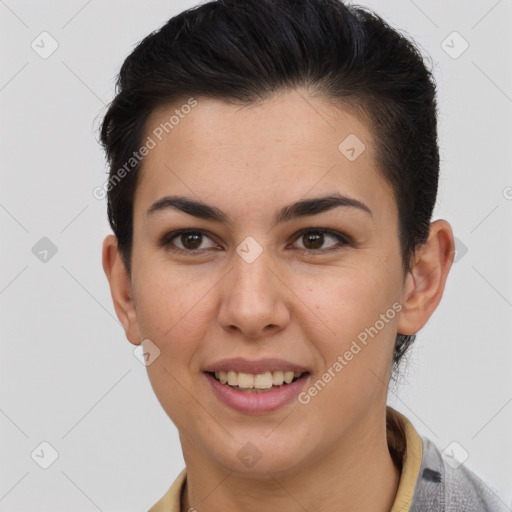 Joyful white young-adult female with short  brown hair and brown eyes