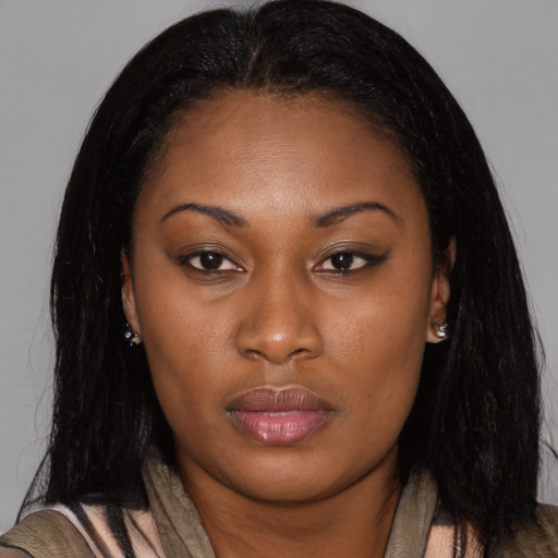 Neutral asian young-adult female with long  brown hair and brown eyes