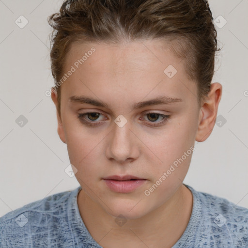 Neutral white young-adult female with short  brown hair and grey eyes