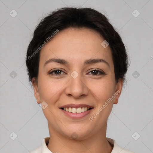 Joyful white young-adult female with short  brown hair and brown eyes