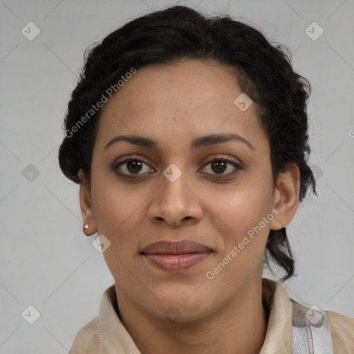 Joyful latino young-adult female with short  brown hair and brown eyes